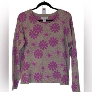 Rachel Zoe Taupe Sweater with Pinkish Purple Daisy Pattern